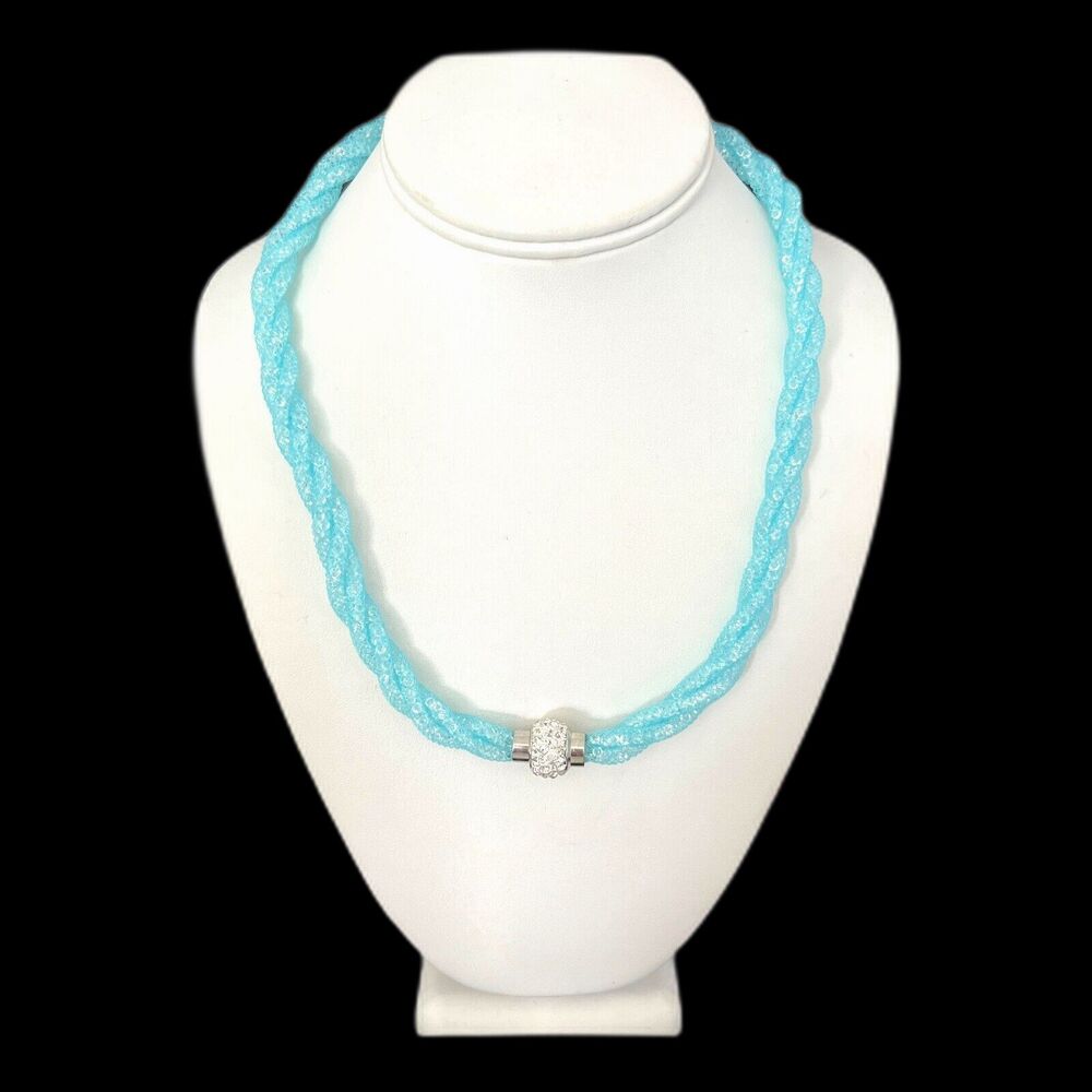 New Blue Mesh Crystal Dust Necklace Silver Tone Pave Crystal Magnetic Clasp - 3Y